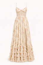 Robe de soirée longue florale femme bretelles fines fente avant – Elara
