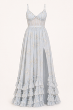 Robe de soirée longue florale femme bretelles fines fente avant – Elara