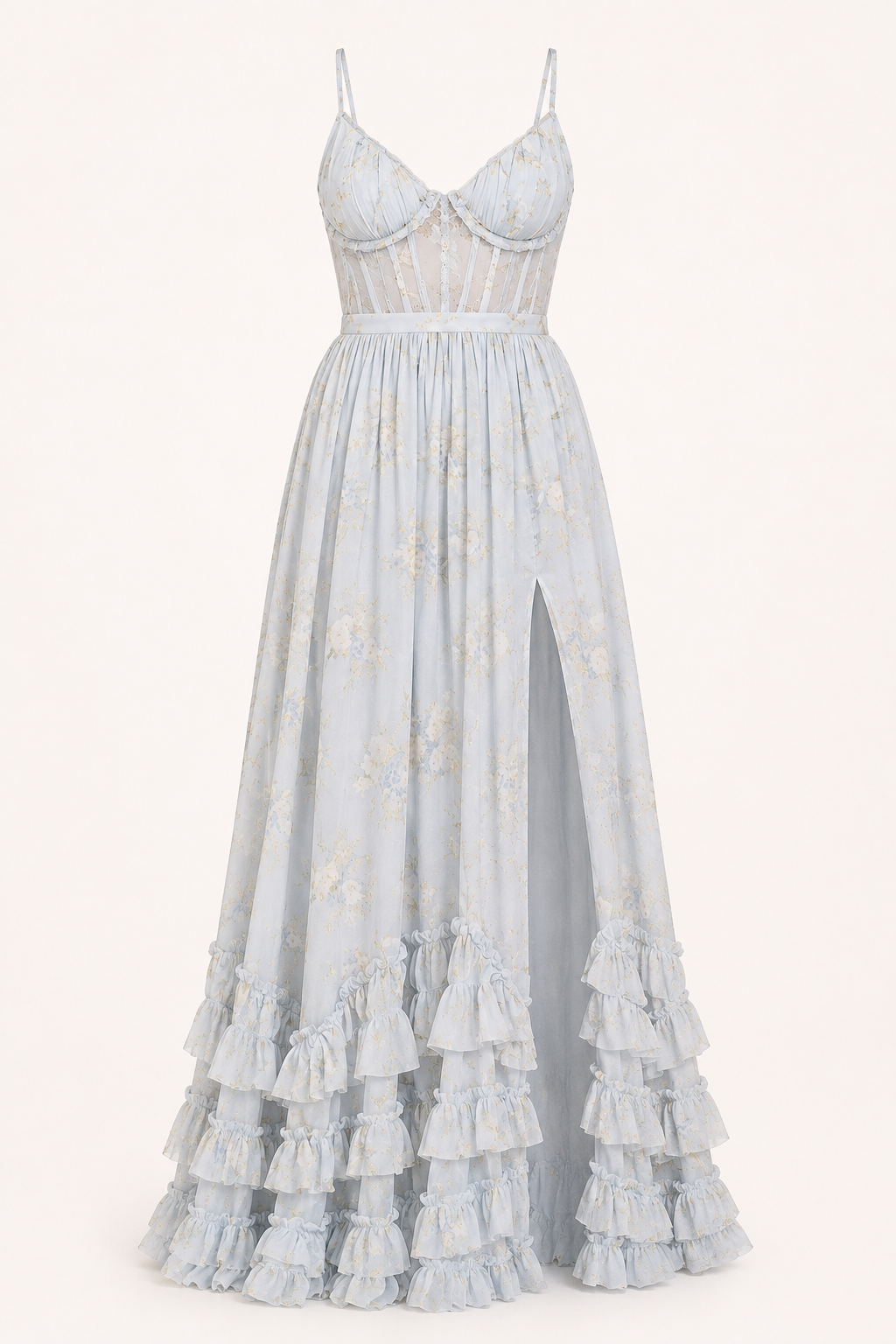 Robe de soirée longue florale femme bretelles fines fente avant – Elara
