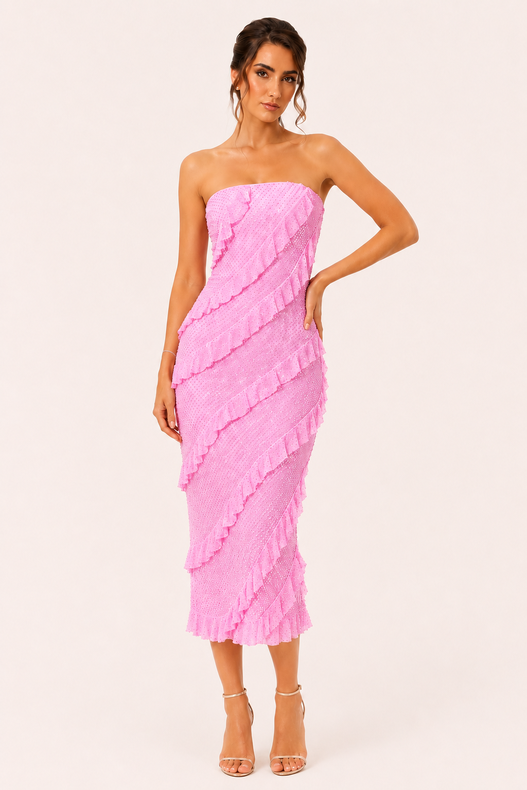 Robe midi sans bretelles femme volants diagonaux tube fête – Yina