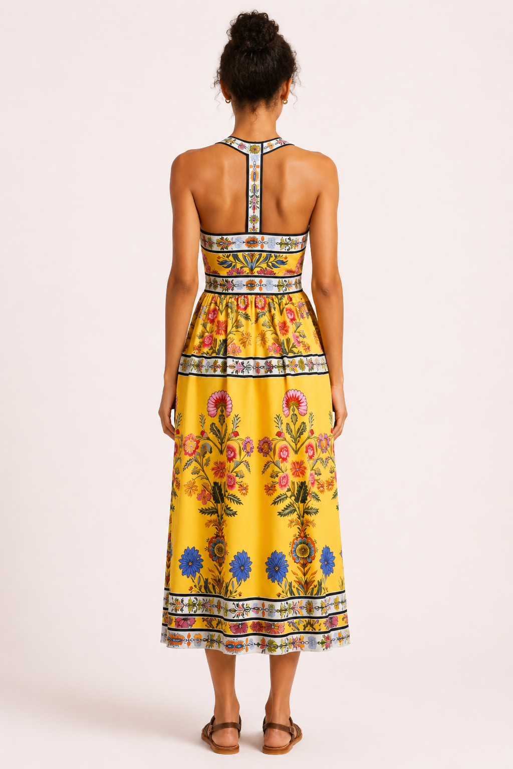 Robe midi fleurie femme taille haute encolure carrée jupe plissée – Nele