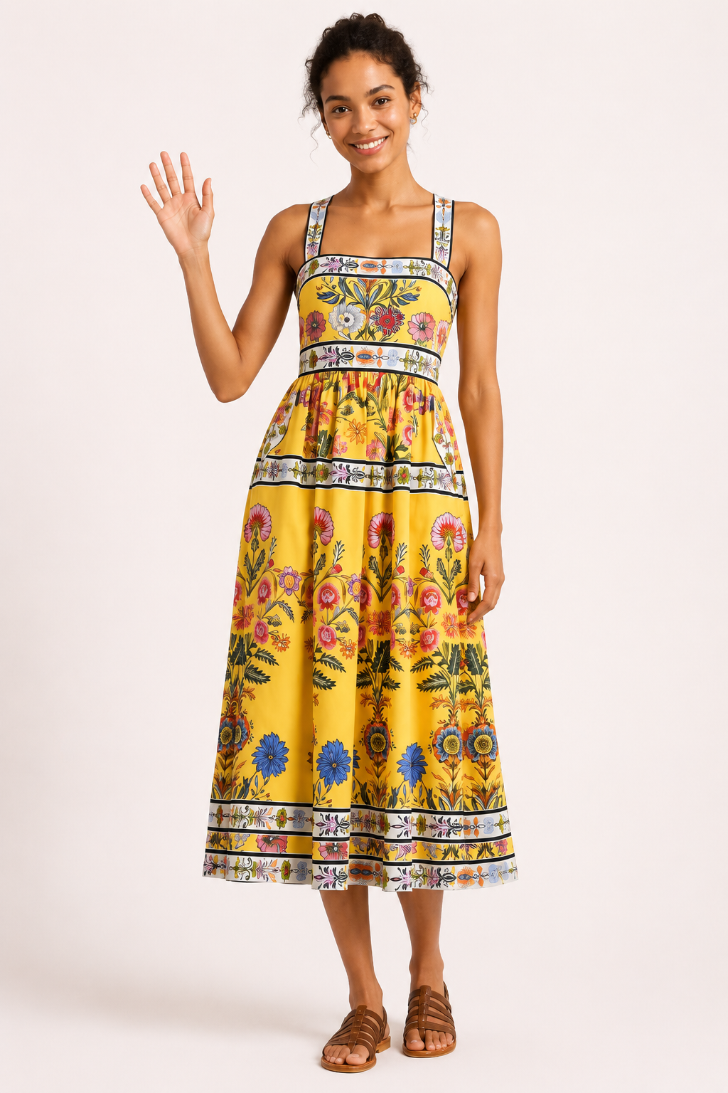 Robe midi fleurie femme taille haute encolure carrée jupe plissée – Nele