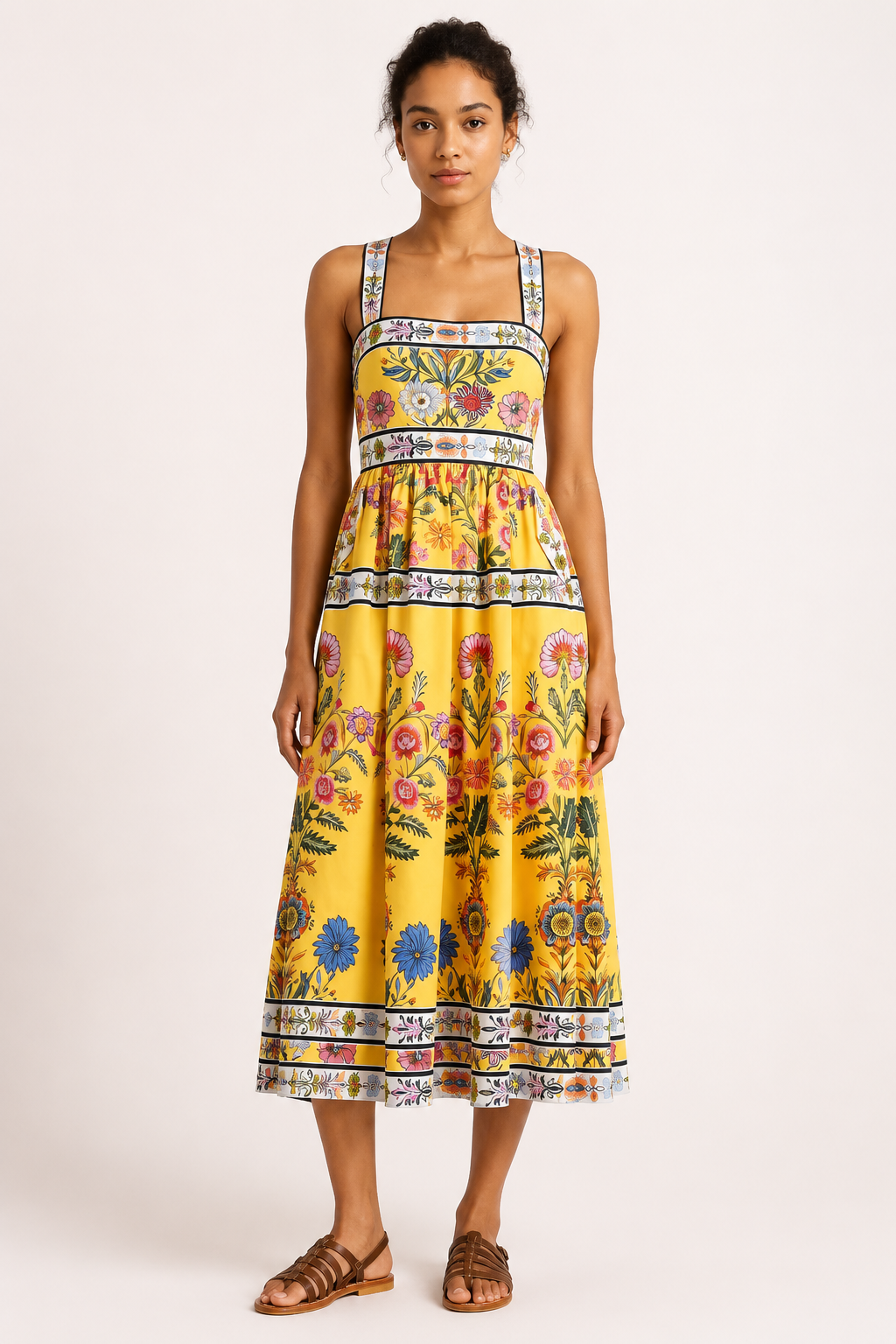 Robe midi fleurie femme taille haute encolure carrée jupe plissée – Nele