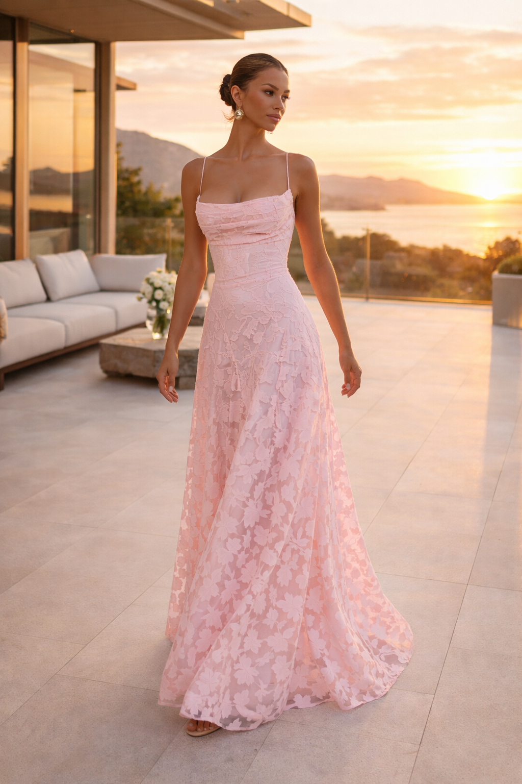 Robe longue sans bretelles encolure droite tissu texturé pour soirée - Lily