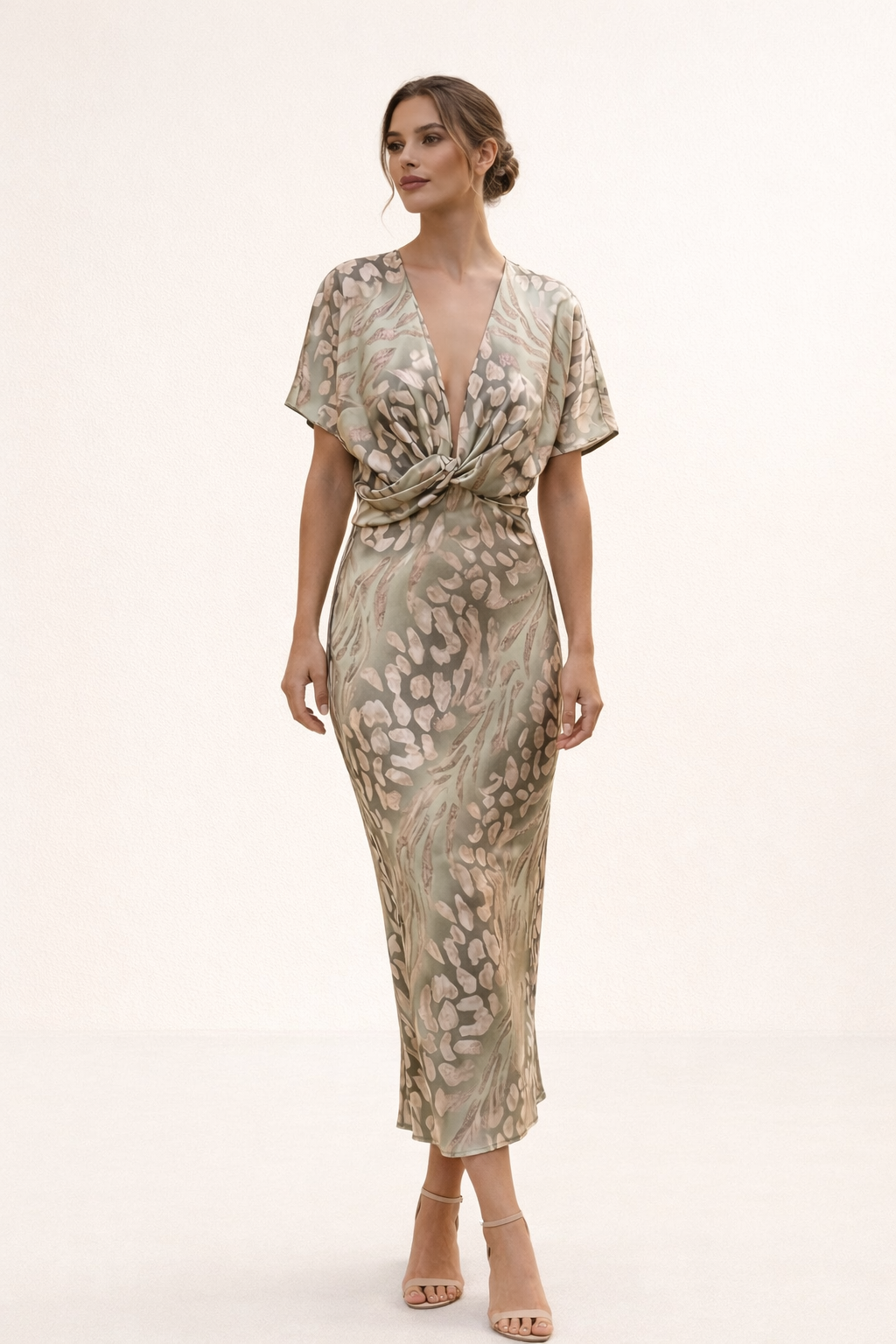 Robe midi été imprimée nœud devant décolleté en V manches courtes - Jennifer