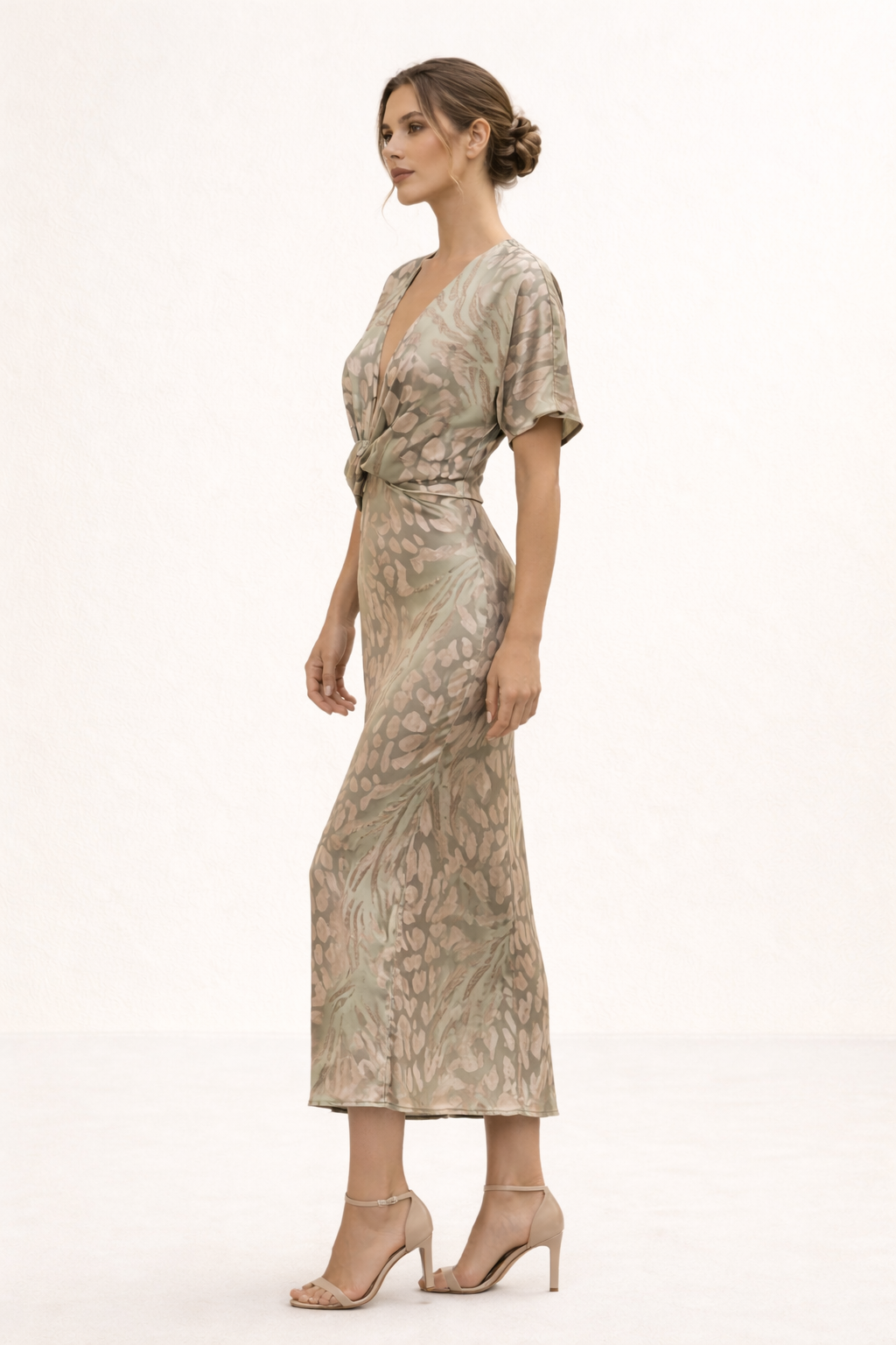 Robe midi été imprimée nœud devant décolleté en V manches courtes - Jennifer