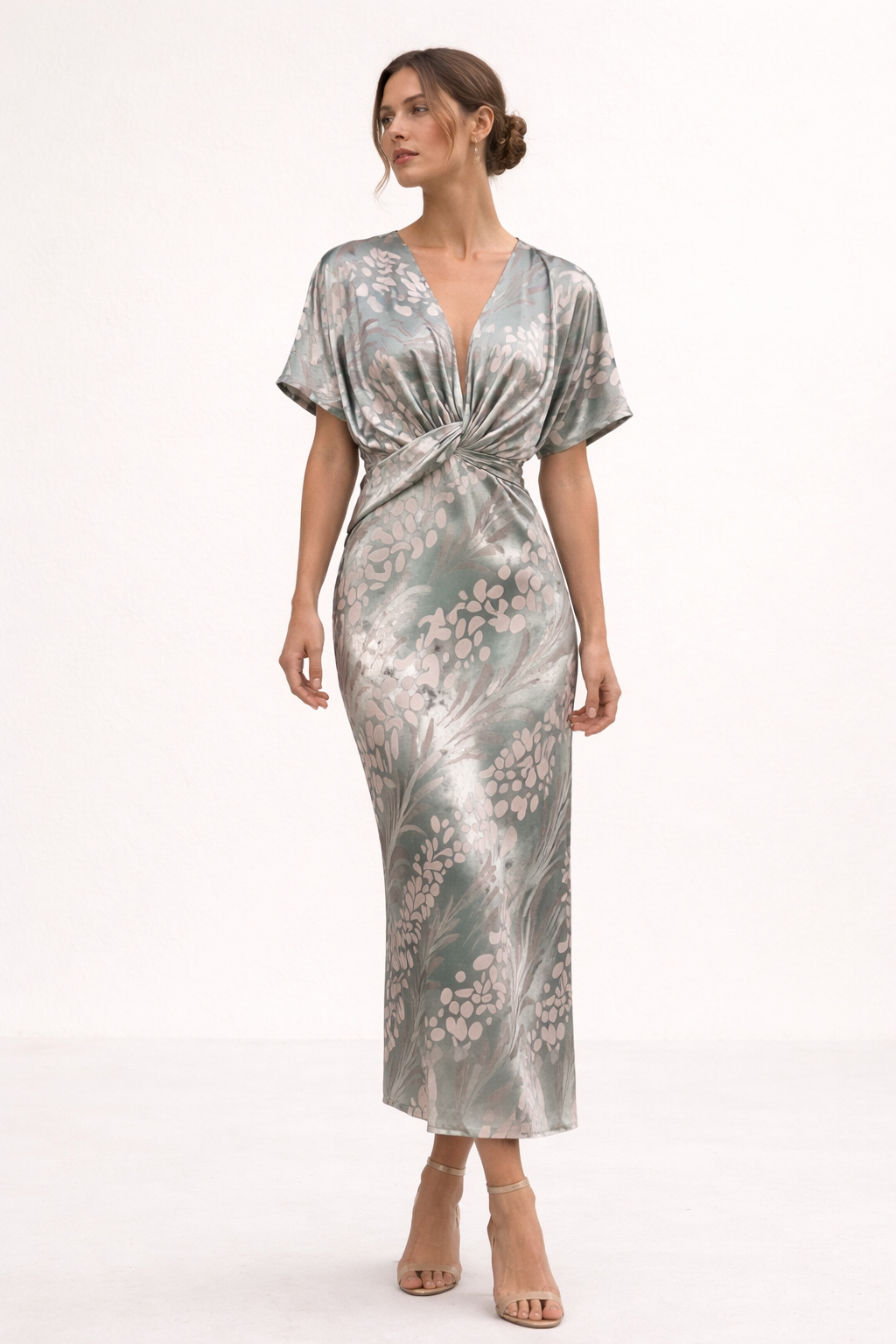 Robe midi été imprimée nœud devant décolleté en V manches courtes - Jennifer