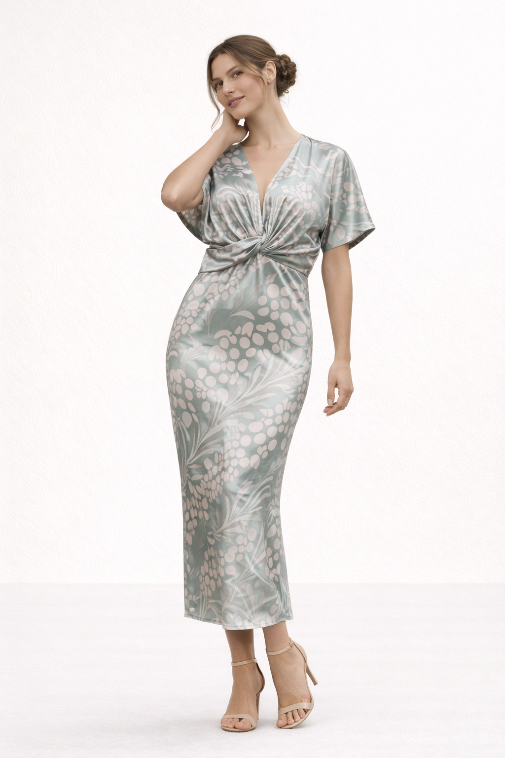 Robe midi été imprimée nœud devant décolleté en V manches courtes - Jennifer
