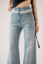 Jean femme à jambes larges et taille haute, avec détail en dentelle - Irma