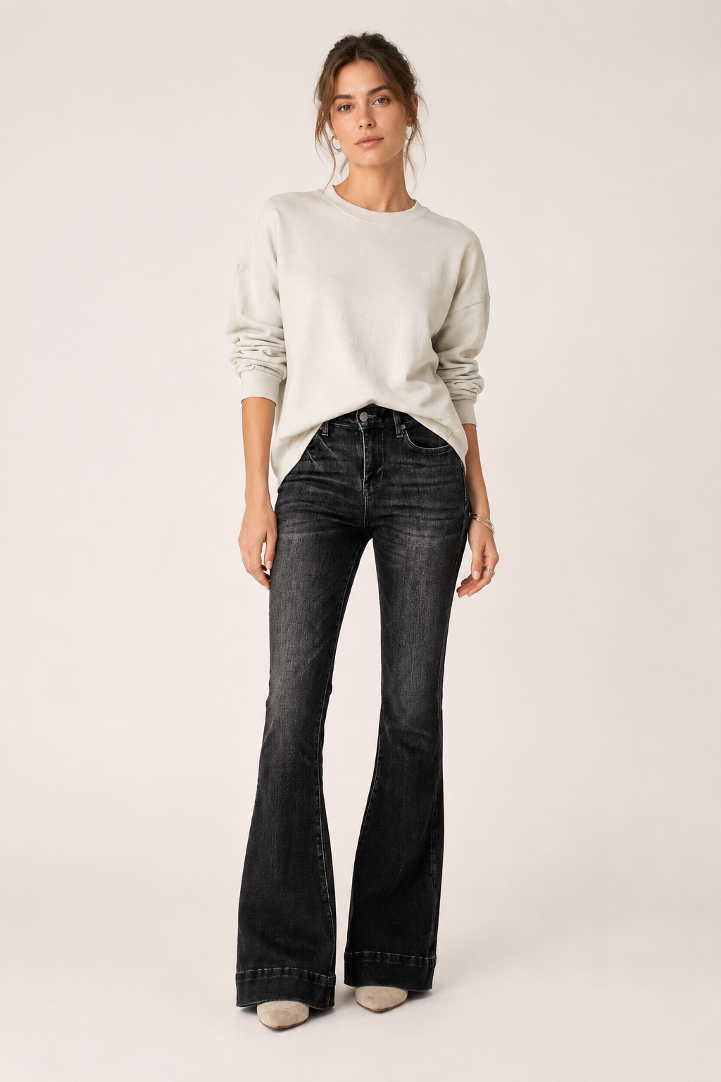 Jean évasé pour femme, élastique, taille mi-haute, à jambes largement évasées - Elke