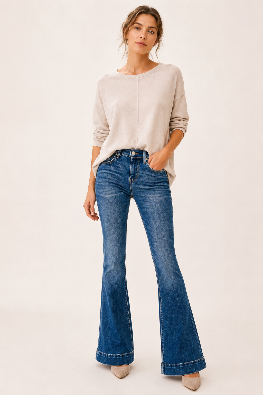 Jean évasé pour femme, élastique, taille mi-haute, à jambes largement évasées - Elke