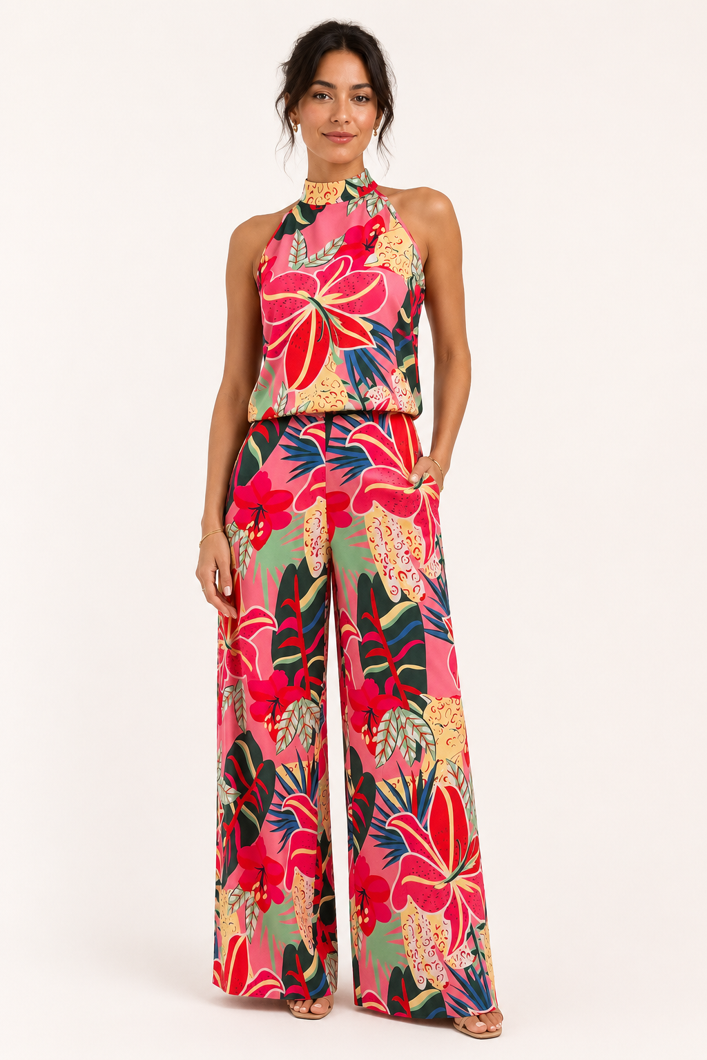 Ensemble 2 pièces femme dos nu pantalon large imprimé floral – Syrie