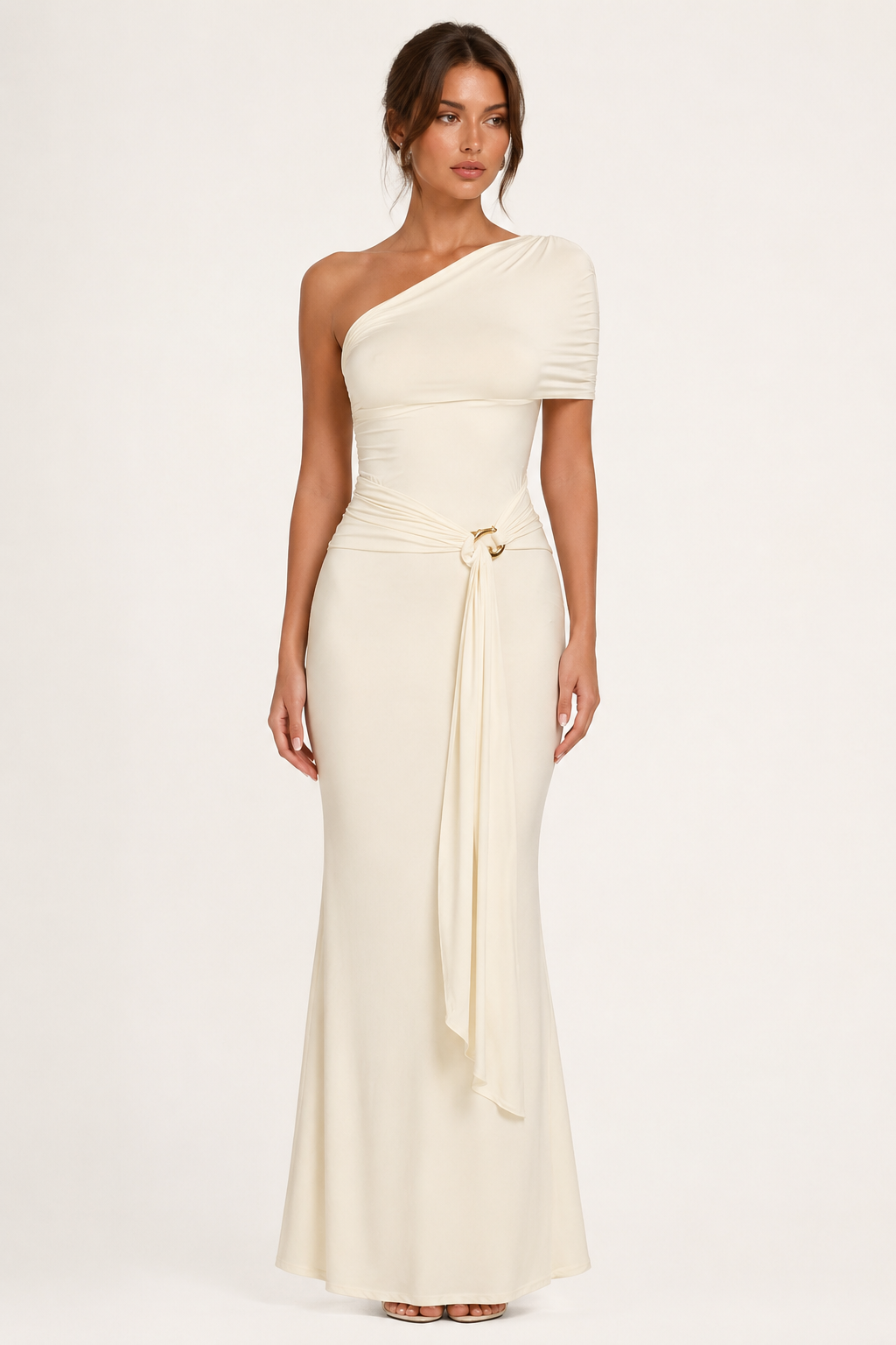 Robe longue drapée femme une épaule croisée taille froncée – Maike