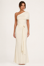 Robe longue drapée femme une épaule croisée taille froncée – Maike