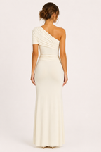 Robe longue drapée femme une épaule croisée taille froncée – Maike