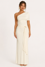Robe longue drapée femme une épaule croisée taille froncée – Maike