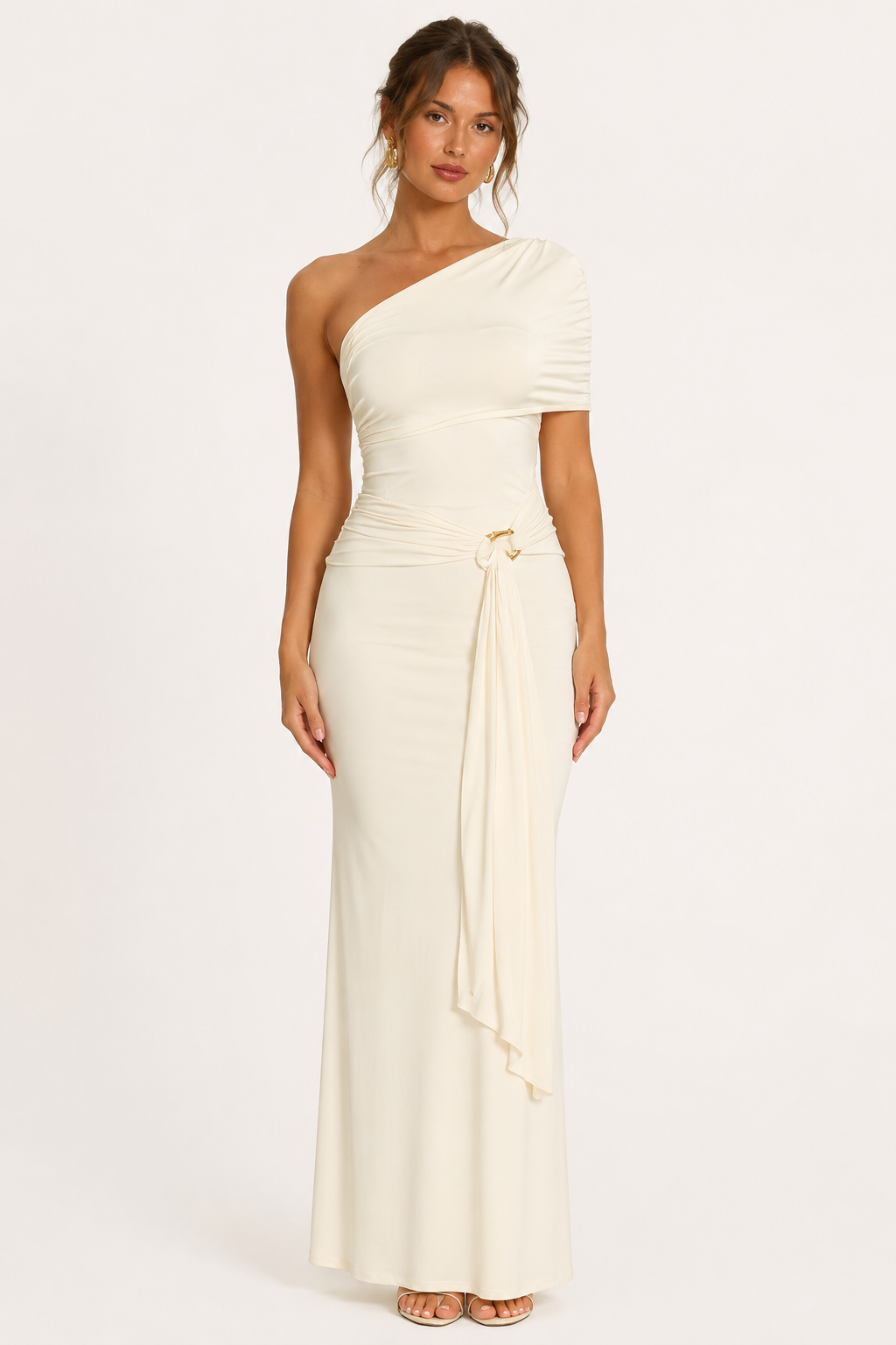 Robe longue drapée femme une épaule croisée taille froncée – Maike
