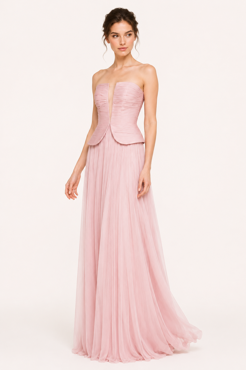 Robe longue plissée femme sans bretelles corsage cintré maxi – Enice