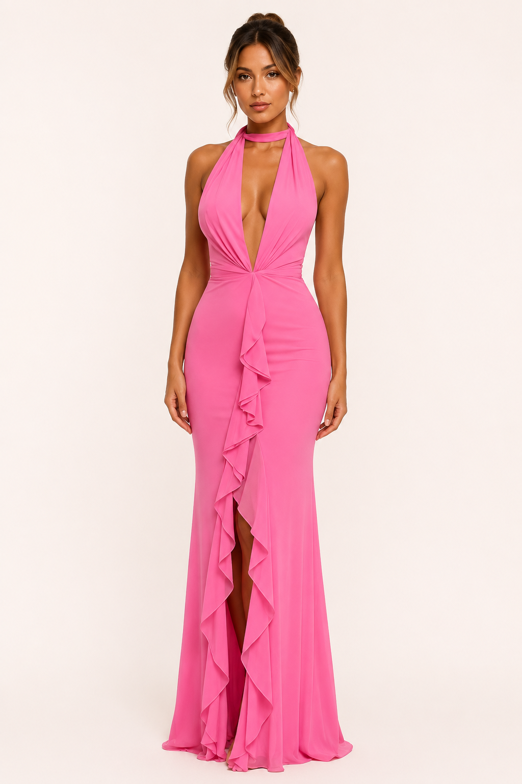 Robe longue dos nu femme décolleté V fente avant drapé fluide – Romy