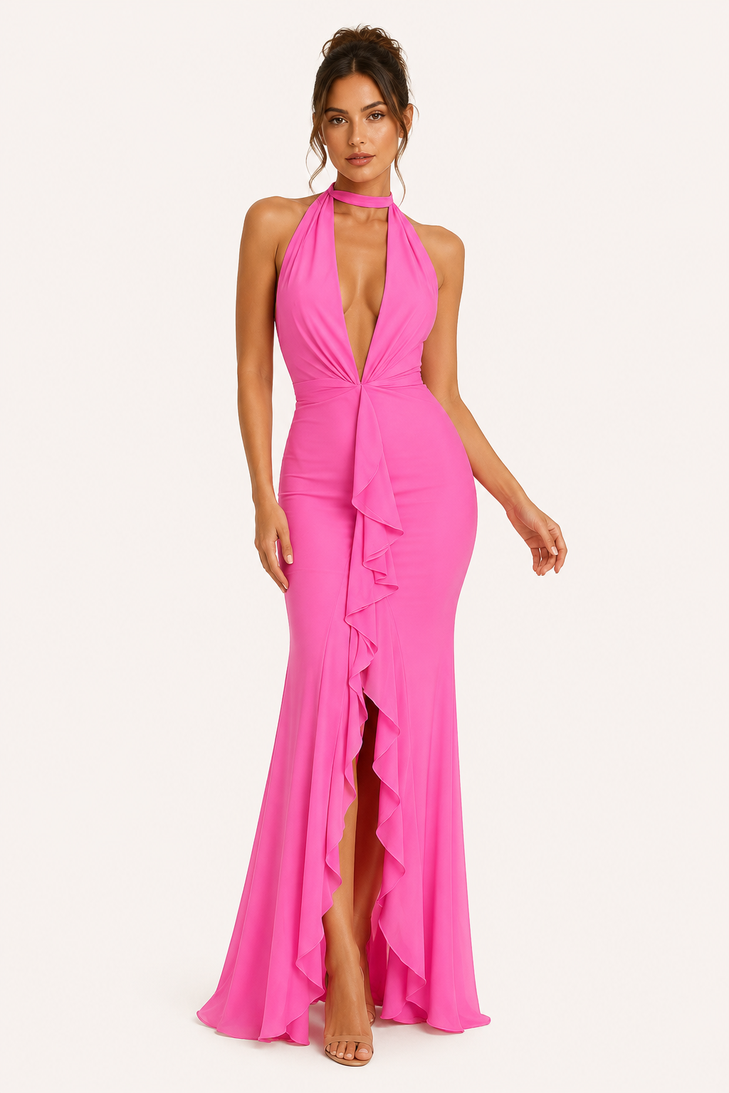 Robe longue dos nu femme décolleté V fente avant drapé fluide – Romy