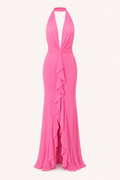 Robe longue dos nu femme décolleté V fente avant drapé fluide – Romy