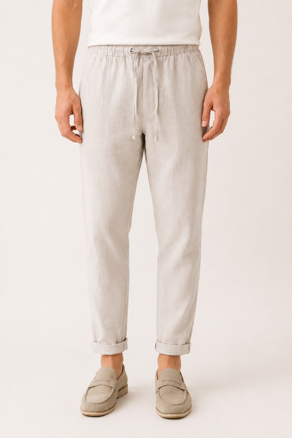 Pantalon lin homme taille élastique léger ourlet replié casual – Falk