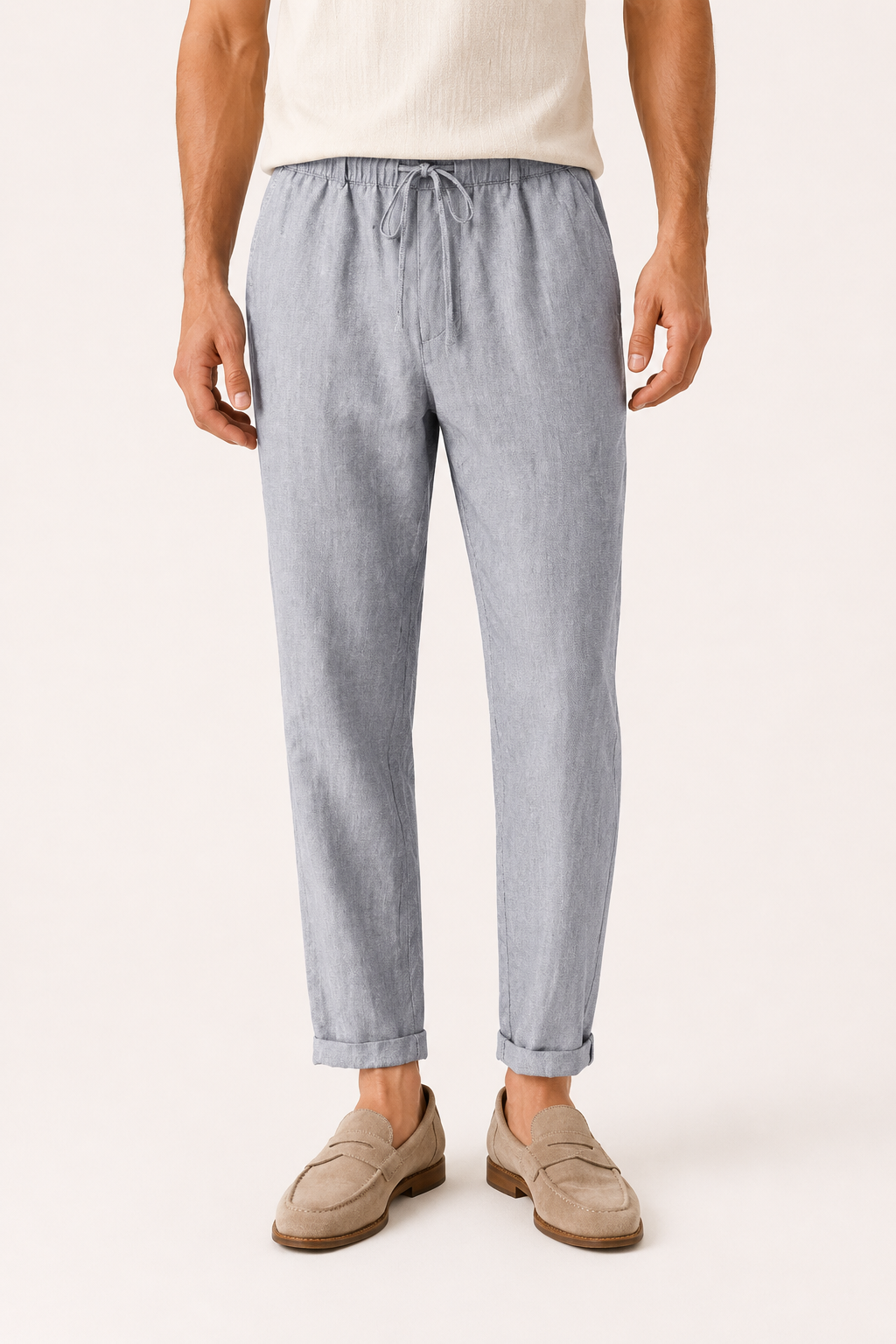 Pantalon lin homme taille élastique léger ourlet replié casual – Falk
