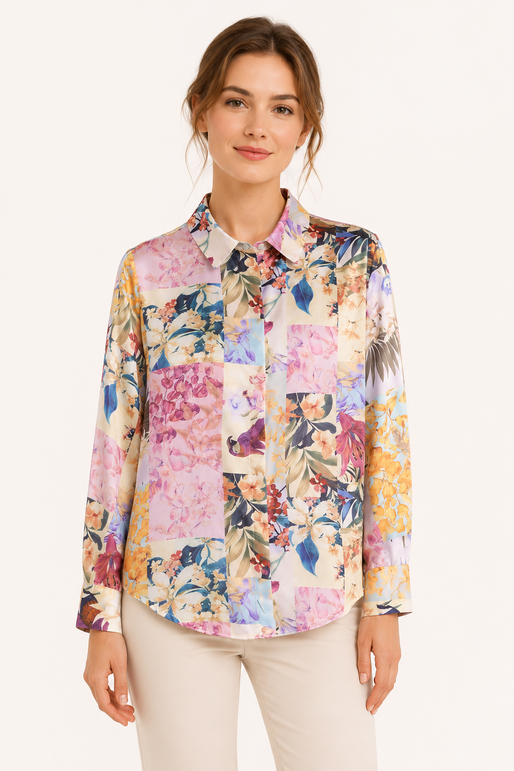 Chemisier imprimé femme manches longues col chemise floral blocs – Laura