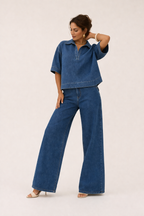 Ensemble denim femme blouse manches courtes pantalon large deux pièces - Adela
