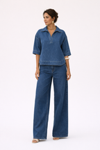 Ensemble denim femme blouse manches courtes pantalon large deux pièces - Adela