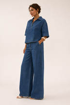 Ensemble denim femme blouse manches courtes pantalon large deux pièces - Adela