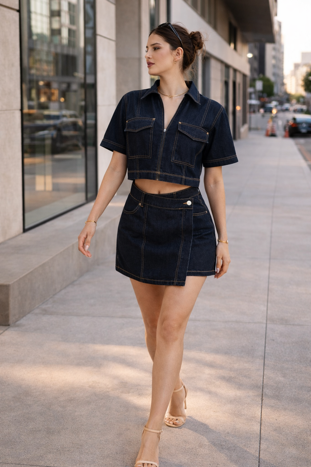 Ensemble denim été femme haut manches courtes jupe courte deux pièces - Arisha