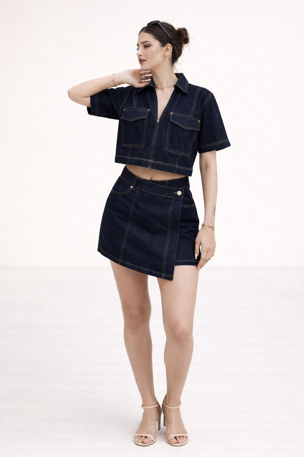 Ensemble denim été femme haut manches courtes jupe courte deux pièces - Arisha