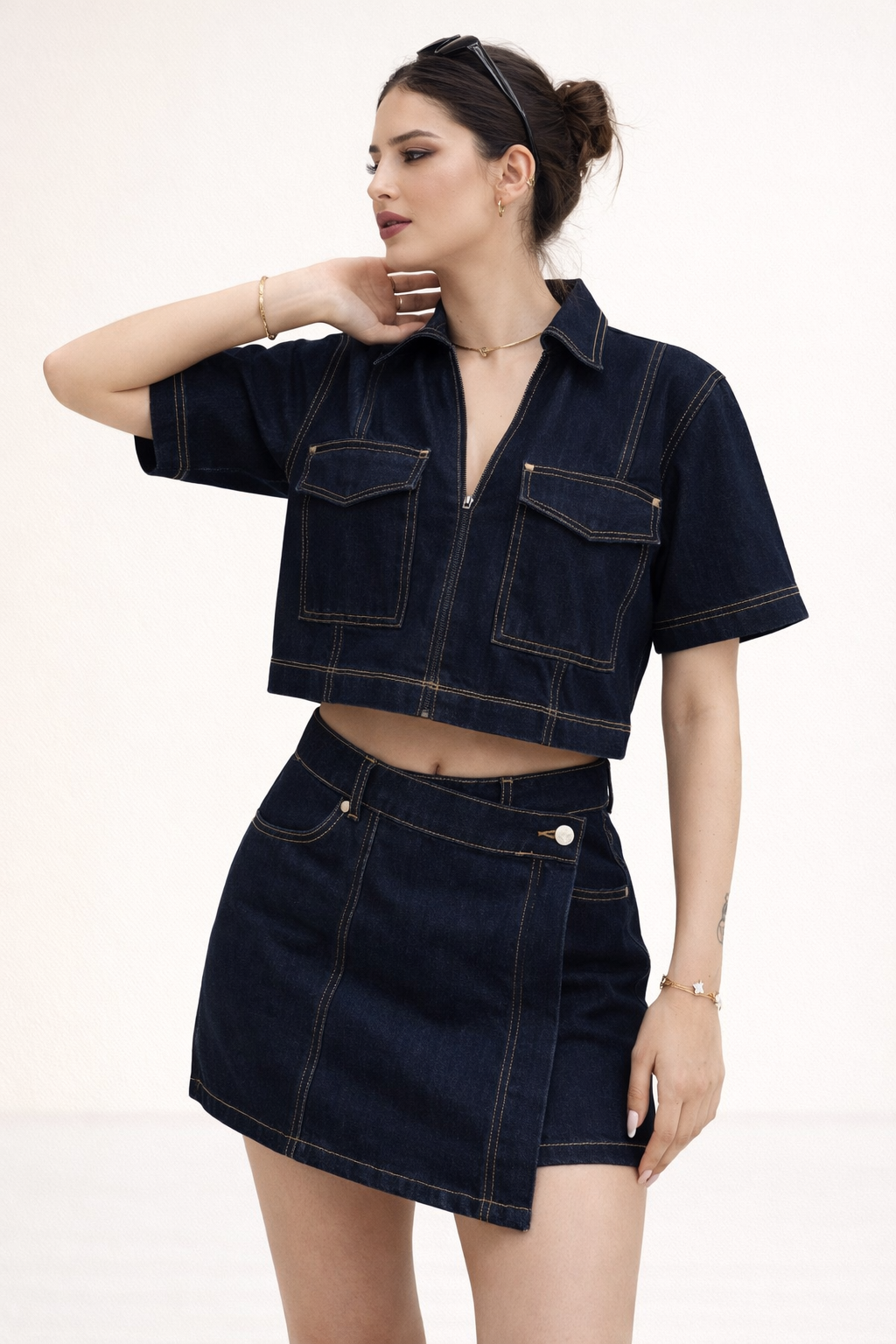 Ensemble denim été femme haut manches courtes jupe courte deux pièces - Arisha