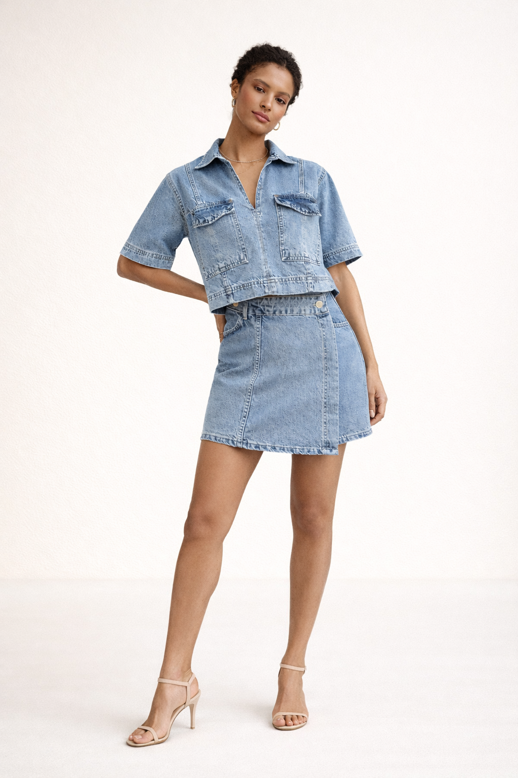 Ensemble denim été femme haut manches courtes jupe courte deux pièces - Arisha
