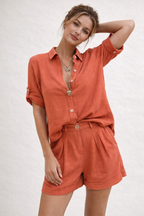 Ensemble femme lin blouse manches longues short été léger respirant - Amaia