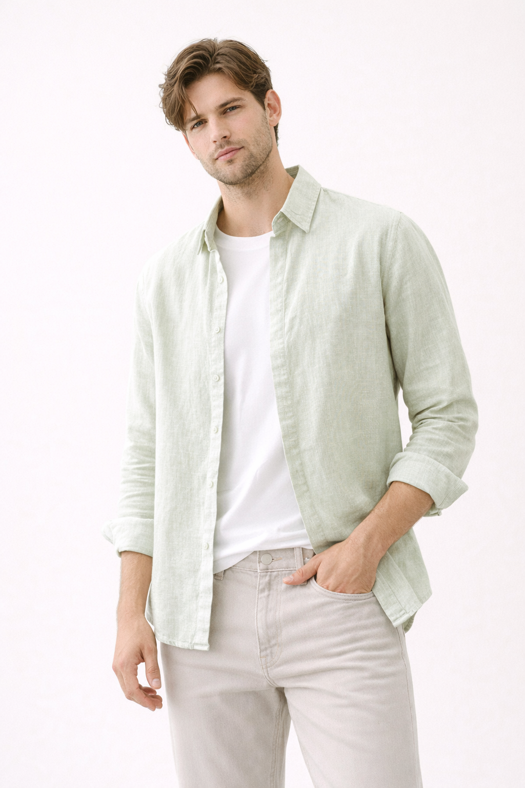 Chemise homme lin manches longues col boutonné légère été - Harry