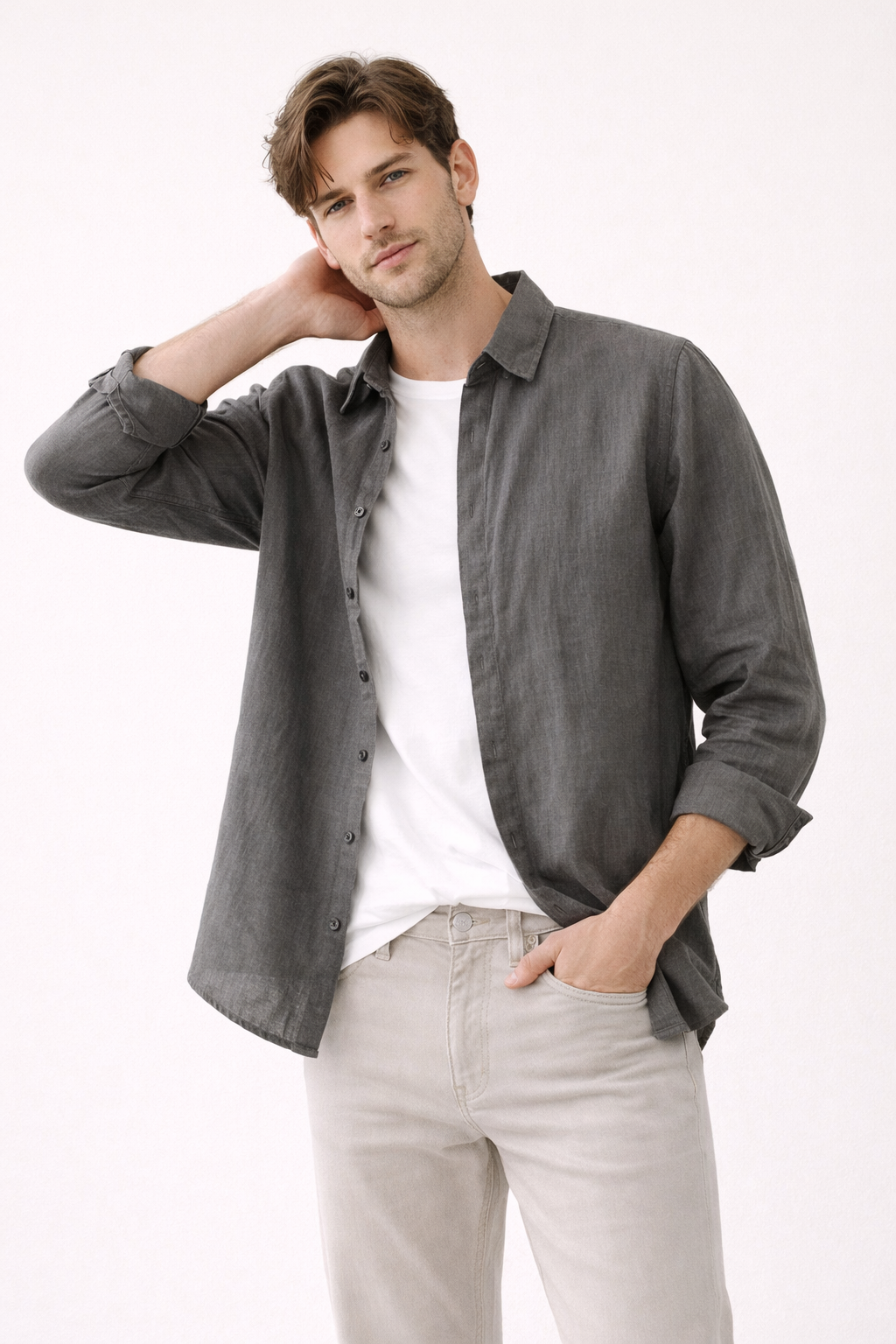 Chemise homme lin manches longues col boutonné légère été - Harry