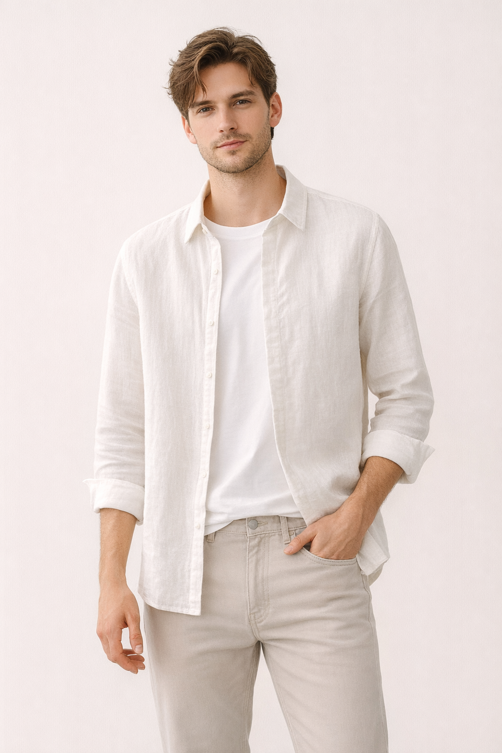 Chemise homme lin manches longues col boutonné légère été - Harry
