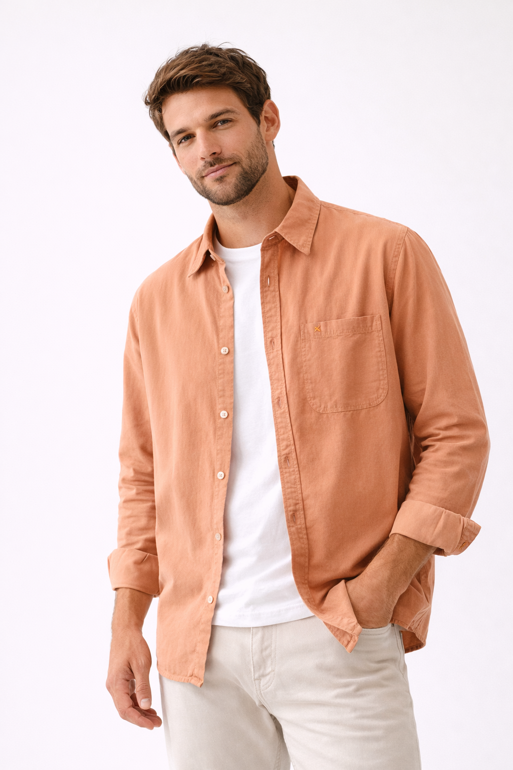 Chemise homme été manches longues poche poitrine col boutonné décontractée - William