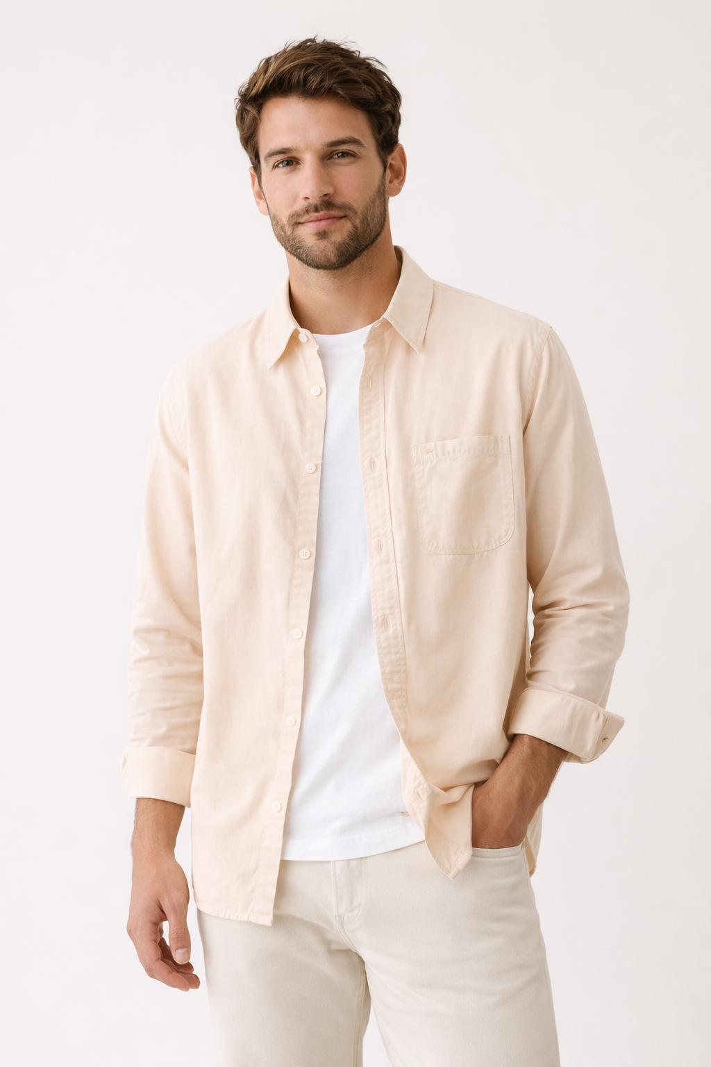 Chemise homme été manches longues poche poitrine col boutonné décontractée - William