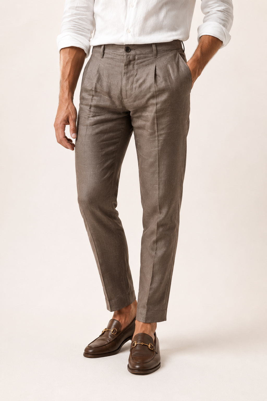 Pantalon en lin pour homme, à pinces, coupe droite et longueur cheville - Wolfram