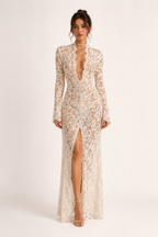 Robe longue en dentelle pour femme, décolleté croisé - Anneliese