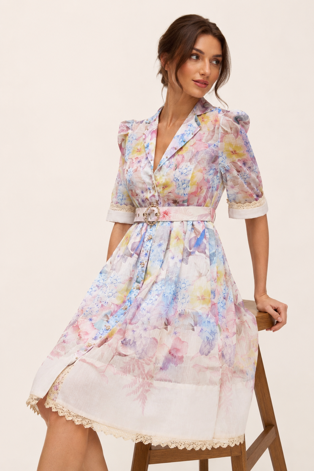 Robe chemise fleurie femme ceinture boucle ronde manches à volume – Minna