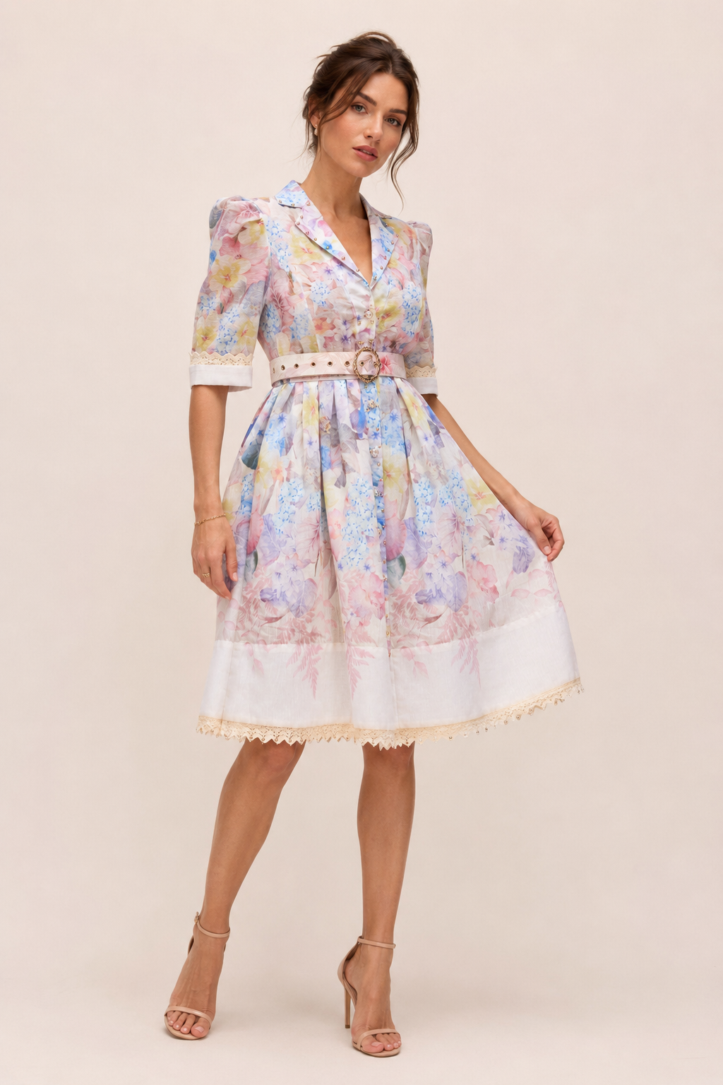 Robe chemise fleurie femme ceinture boucle ronde manches à volume – Minna
