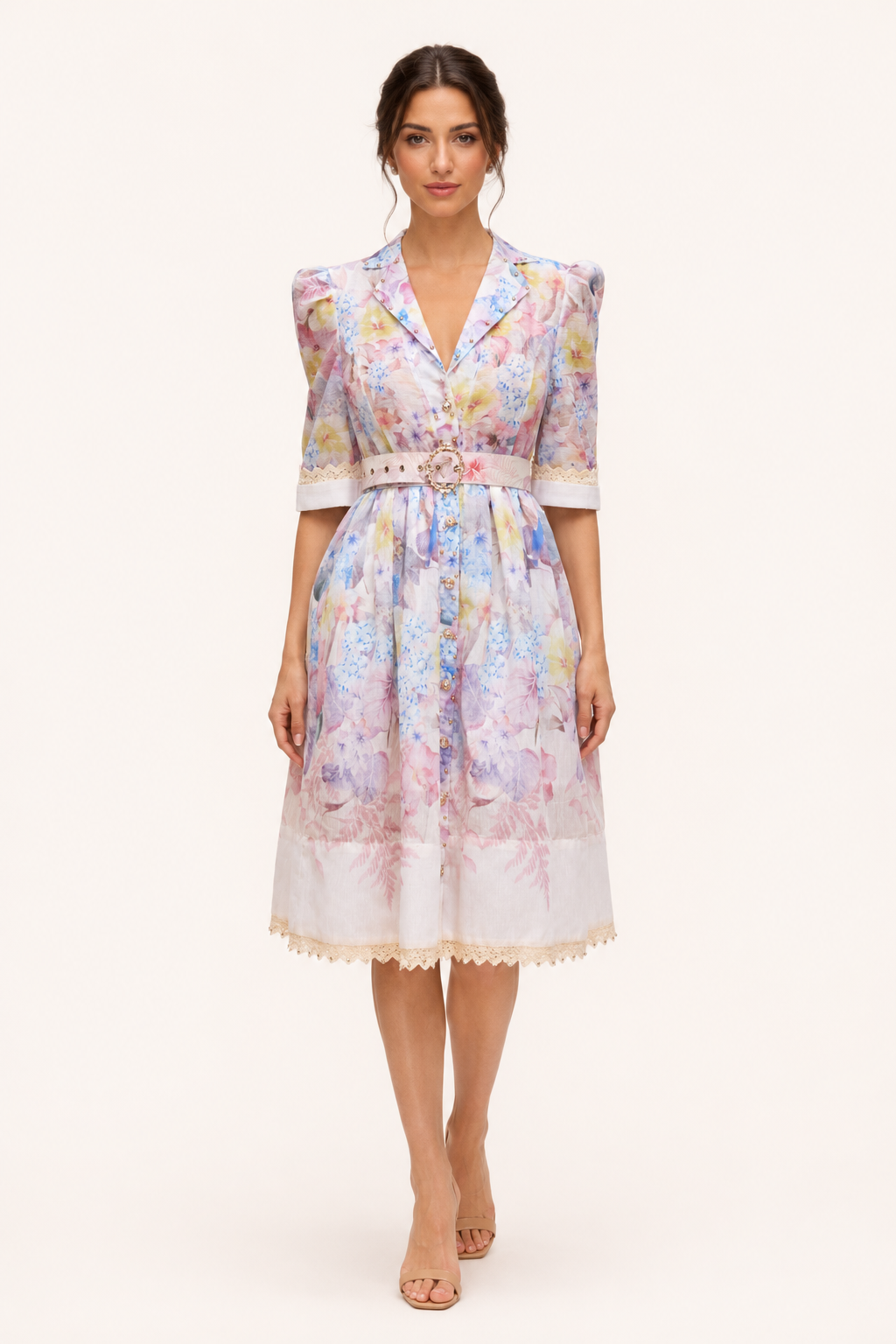 Robe chemise fleurie femme ceinture boucle ronde manches à volume – Minna