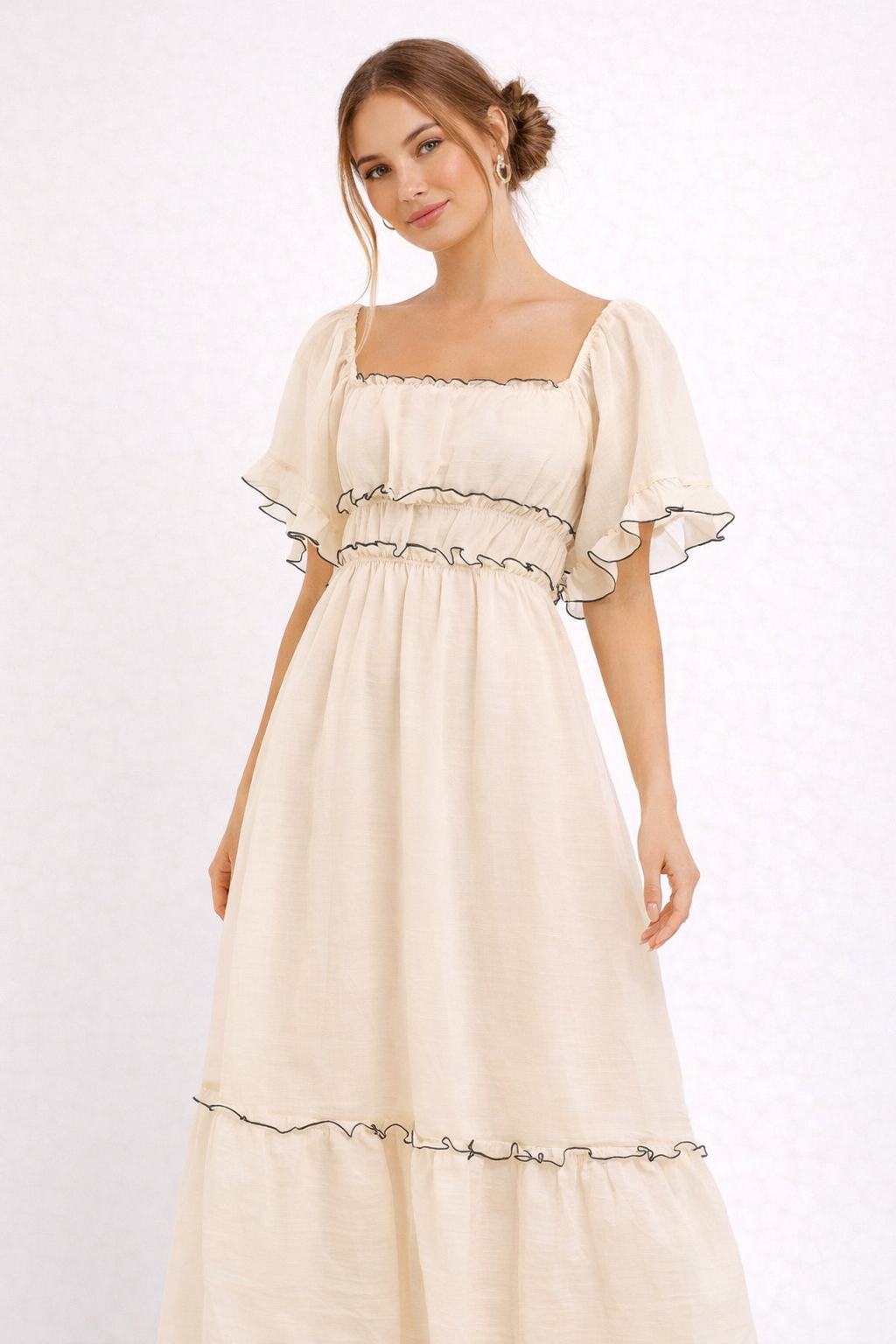 Robe en Tissu à Longueur Midi avec Manches Courtes et Ourlet à Volants Raffinés - Elisa