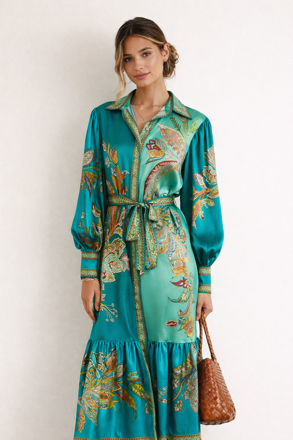 Robe midi in coton con jupe ample et ourlet volant léger et tissu fluide - Daniela