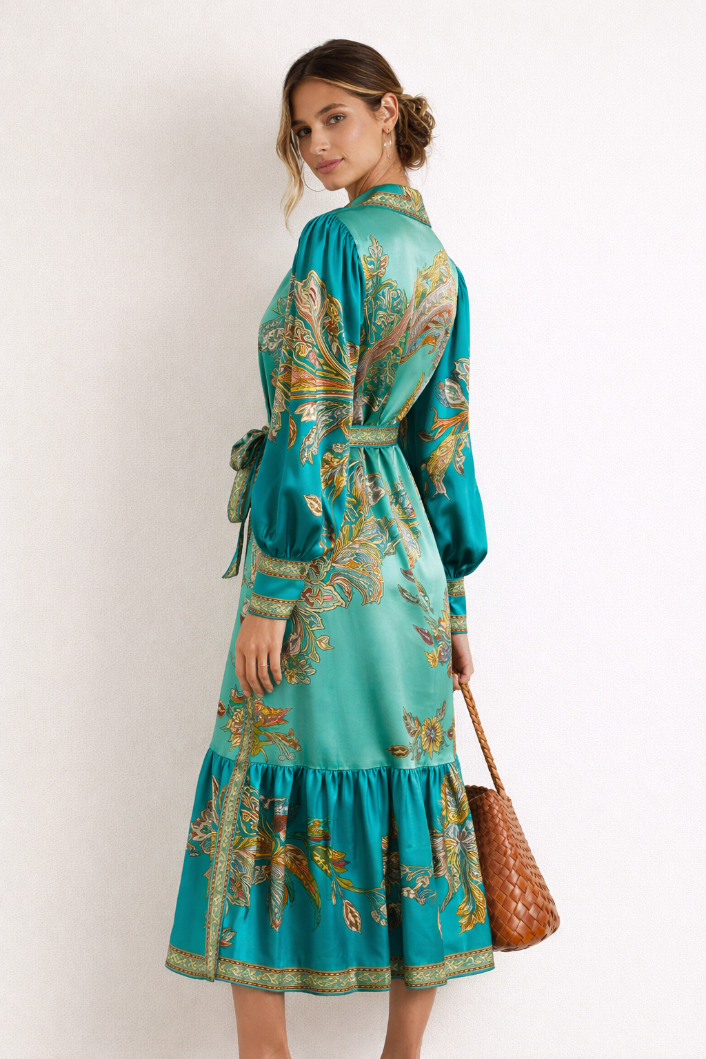 Robe midi in coton con jupe ample et ourlet volant léger et tissu fluide - Daniela