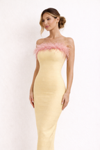 Robe Longue en Tissu Ferme et Extensible avec Détail de Plumes sur le Dessus - Renata